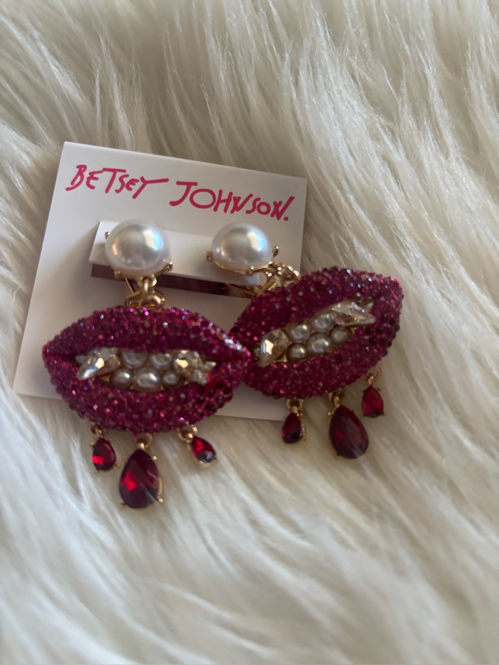 Betsey Johnson Fuchsia Crystal Lip Drop Earrings with Pearl Accents